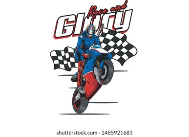 Vector Illustration of Racing Motorcycle and Racing Flags with Vintage Illustration Available for Tshirt Design