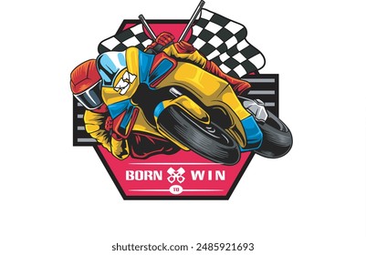 Vektorillustration von Rennmotorrad und Rennflaggen mit Klassischer Illustration Verfügbar für Tshirt Design
