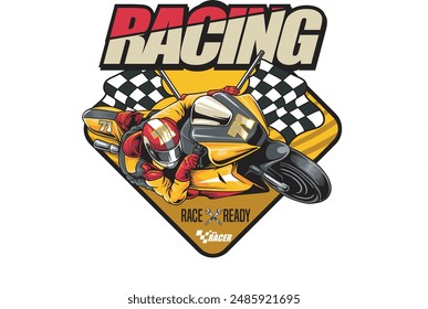 Vector Illustration of Racing Motorcycle and Racing Flags with Vintage Illustration Available for Tshirt Design