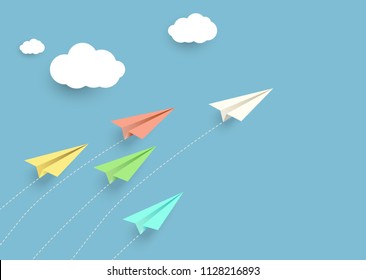 Vector illustration of racing paper planes on blue background with clouds. Business concept.