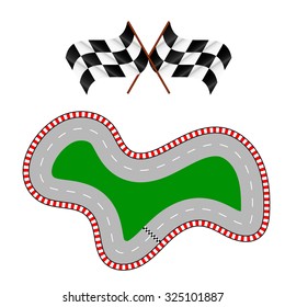 Vector illustration of racing track with two flags. Two checkered flags.
