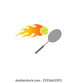 Vector illustration of a racket paired with a tennis ball and a burning fire, emphasizing speed, energy and dynamics of the sport. Perfect for sports themes, competitions or active lifestyle concepts.