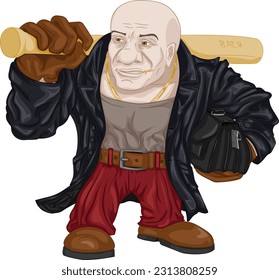 Vector illustration of racketeer with bit and men's purse in leather coat and burgundy slacks. Bandit from the 90s with a bat on his shoulder, purse under his arm, with gold chain around his neck 