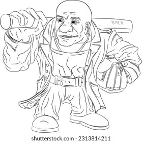 Vector illustration of racketeer with bit and men's purse in leather coat and burgundy slacks. Bandit from the 90s with a bat on his shoulder, purse under his arm, with gold chain around his neck