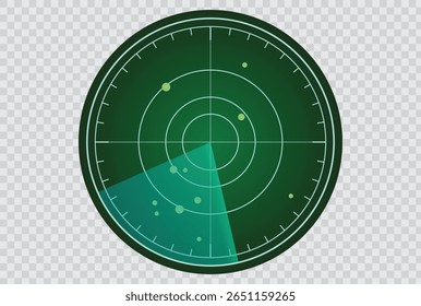 Ilustración vectorial de un radar sobre un fondo transparente, que simboliza la detección, seguimiento, vigilancia y monitoreo para su uso en contextos de tecnología, seguridad y navegación
