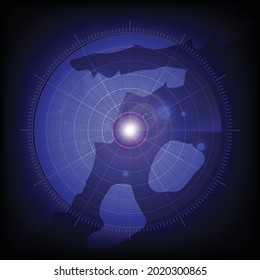 Ilustración vectorial del radar en la búsqueda, tono azul.
