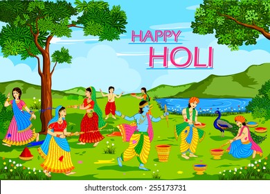 vector illustration of Radha Krishna playing Holi