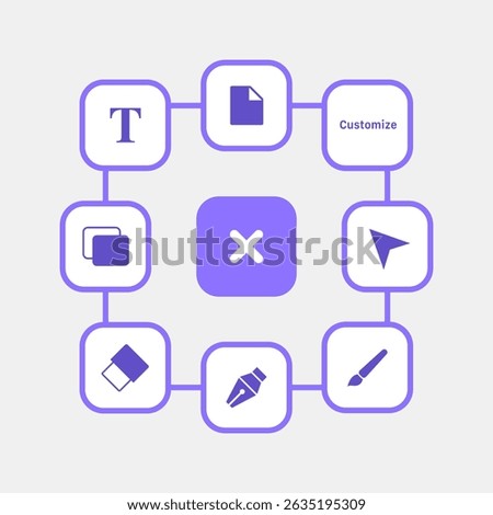 Vector illustration of a radial menu interface with various creative tool icons such as text, file, customize, selection, eraser, pen, and brush