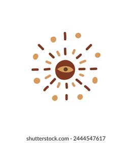 Vector illustration of a radiant eye symbol with decorative elements in earthy tones on a white background.