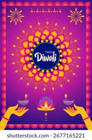 Ilustración vectorial con mandala radiante, diyas brillantes en las manos, fuegos artificiales y loto para la celebración festiva del Diwali.