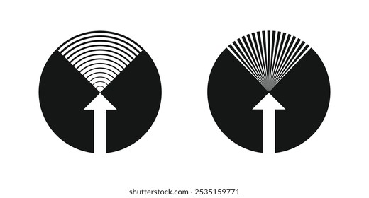 La Ilustración vectorial de la energía radiante presenta una flecha apuntando al centro, círculos concéntricos que irradian señales hacia afuera.