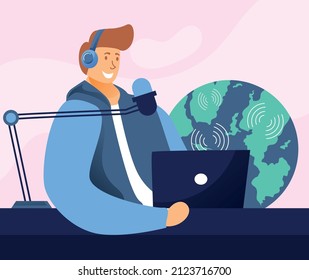 Vector Illustration Radio DJ Man Broadcasting. Modern Radio Station. Man Speak Into The Microphone. On Air Illustration.