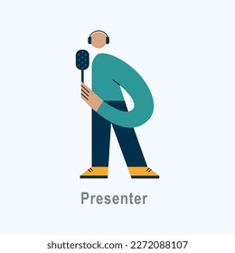 Vector illustration with Radio host in flat style. Profession ABC series. Alphabet. Letter R
