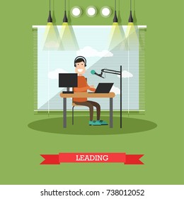 Vector illustration of radio presenter or dj male in headphones working in front of microphone and laptop at radio studio. Leading of radio station or programme concept flat style design element.
