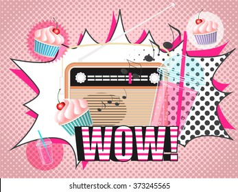  Vector illustration of radio smoothie and cupcake design in pop art comic style. Illustration of vintage radio, glasses of drink with tubule and cupcakes , wow in Speech bubble.