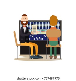 Vector illustration of radio studio workers producing radio show with sound recording equipment. People flat style design element, icon isolated on white background.