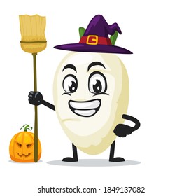 vector illustration of radish mascot or character wearing witch costume and holding broom