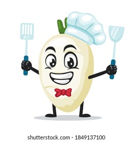 vector illustration of radish mascot or character wearing chef hat and holding spatula