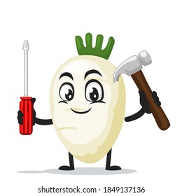 vector illustration of radish mascot or character holding hammer and screwdriver