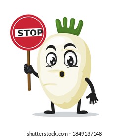 vector illustration of radish mascot or character holding sign says stop