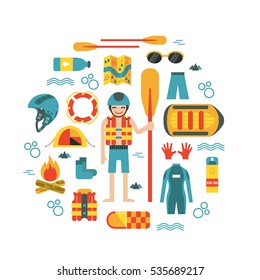 Vector illustration with rafting and camping equipment - vest, round-buoy, rafts, camping fire, helmet, tent, stopwatch etc. Flat design. Could be used for websites, advertising, banners and flyers