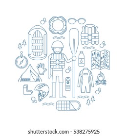 Vector illustration with rafting and camping equipment - vest, round-buoy, rafts, camping fire, helmet, tent, stopwatch etc.. Linear design. Could be used for websites, advertising, banners and flyers
