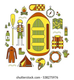 Vector illustration with rafting and camping equipment - vest, round-buoy, rafts, camping fire, helmet, tent, stopwatch etc. Flat design. Could be used for websites, advertising, banners and flyers