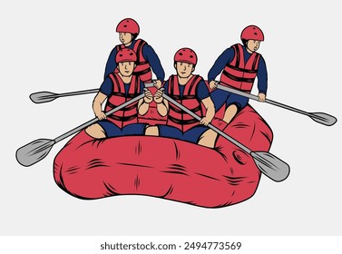 Ilustración vectorial de un té de rafting, hermoso póster temático deportivo. Deportes acuáticos, deportes de verano, rafting en el río, actividades de team building.