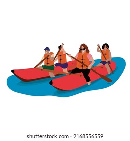 Vector illustration of a rafting team. Beautiful sport themed poster. Water sports, extreme sports, holiday, vacation, team building, river rafting