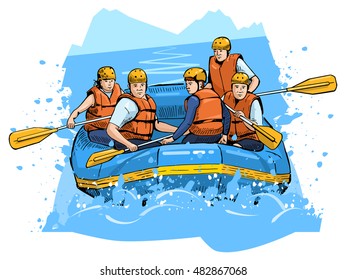 Vector illustration of a rafting team. Beautiful sport themed poster. Water sports, extreme sports, holiday, vacation, team building, river rafting