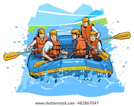 Vector illustration of a rafting team. Beautiful sport themed poster. Water sports, extreme sports, holiday, vacation, team building, river rafting