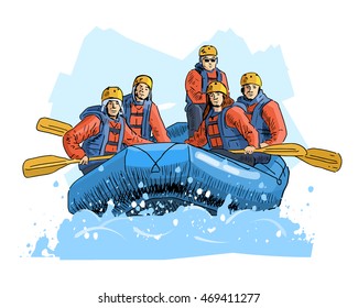 Vector illustration of a rafting team isolated on abstract background. Beautiful sport themed poster. Water sports, summer sports, river rafting, team building activity.