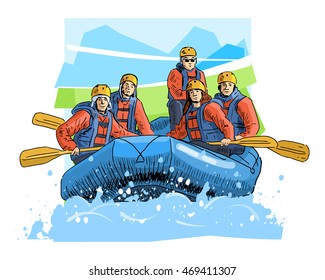 Vector illustration of a rafting team isolated on abstract background. Beautiful sport themed poster. Water sports, summer sports, river rafting, team building activity.