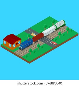 Vector illustration. Railroad crossing, freight train carries a tank container wagon. Semaphore and the sign railroad crossing with a barrier. House caretaker. Infographics, isometrics