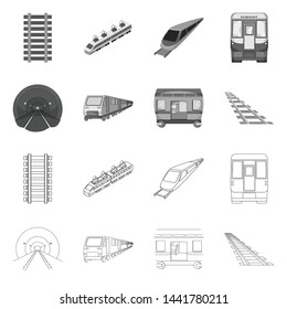 Vector illustration of railroad and train sign. Set of railroad and way stock vector illustration.