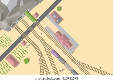 Vector illustration. Railroad and train station. (Top view)
Tunnel, railway, road, station, trains, buildings. (View from above)