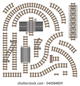 Vector illustration of railway parts - Grey rails. Train road toy constructor elements isolated ow white