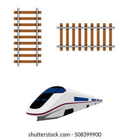 Vector illustration railway railroad track isolated on white background. Railroad element icon set, collection. Vector Modern high speed train. High speed rail
