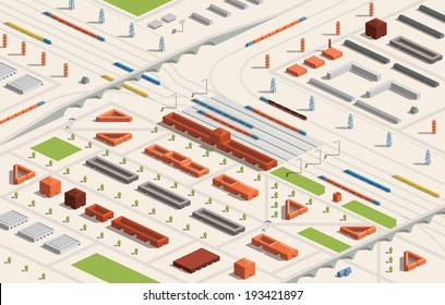 A vector illustration of a railway station in a city in isometric format. Editable with objects logically layered. City features trains, railroads, bridges, railway station etc./Railway Station