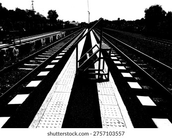 Vector illustration of railway tracks and platform in high contrast black and white stencil art. Niche industrial perspective graphic for transport, travel, and urban design projects.