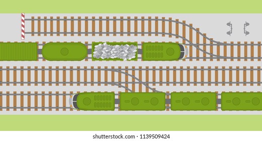 Vector illustration. Railway with trains. Top view.