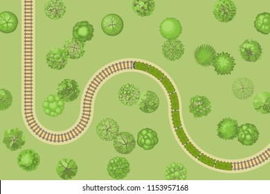 Vector illustration. Railway with trains. Top view.