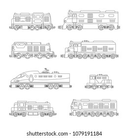 Vector illustration of a railway transport. Modern types of trains for the transportation of goods and passengers. Different types of locomotives.