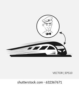 Vector illustration. Railwayman: railway worker in a fast train. Sketch. Drawing for children. Flat icon
