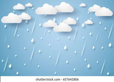 Vector illustration rain background, rainy season, paper art style