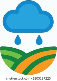 Vector illustration of a rain cloud and agricultural field. Clean flat icon representing farming, weather, and irrigation.