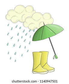 Vector illustration of rain pouring from clouds and umbrella shielding rubber boots. Autumn weather picture