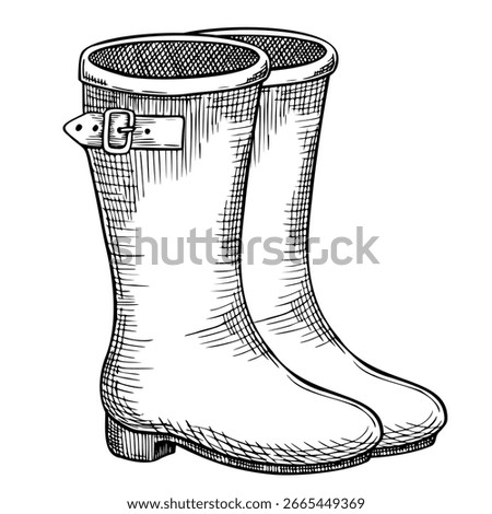 Vector Illustration of Rain Rubber Boots. Hand Drawn Garden Footwear painted by black inks. Linear drawing of gardening wet. Outline sketch of rustic gumboot for farming design or harvest festival
