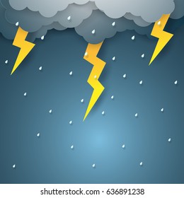 Vector illustration rain with thunderbolt , paper art style