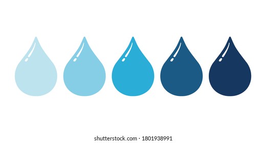 Ilustración vectorial de las gotas de agua de lluvia. Conjunto de mascotas azules aisladas en un fondo blanco. Color azul claro a azul profundo. Variación de cinco colores.